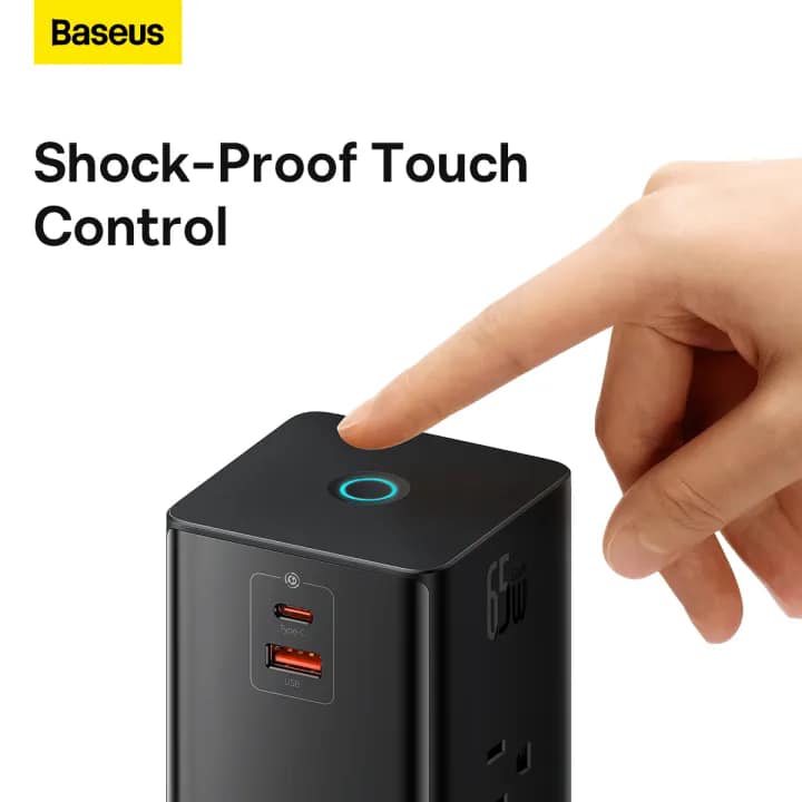 Baseus GaN Charger Gan5 Pro Power Combo Digital Power Strip 3AC 1U 1C Retractable-C 65W with 1.5m power cord CN Black. 