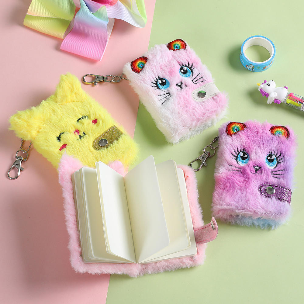 Cute Cat Face Plush Mini Pocket Notebook with Keychain, Kids Girls Boys Writing Drawing Pad Personal Journal Diary Notepad with Blank Inner Papers