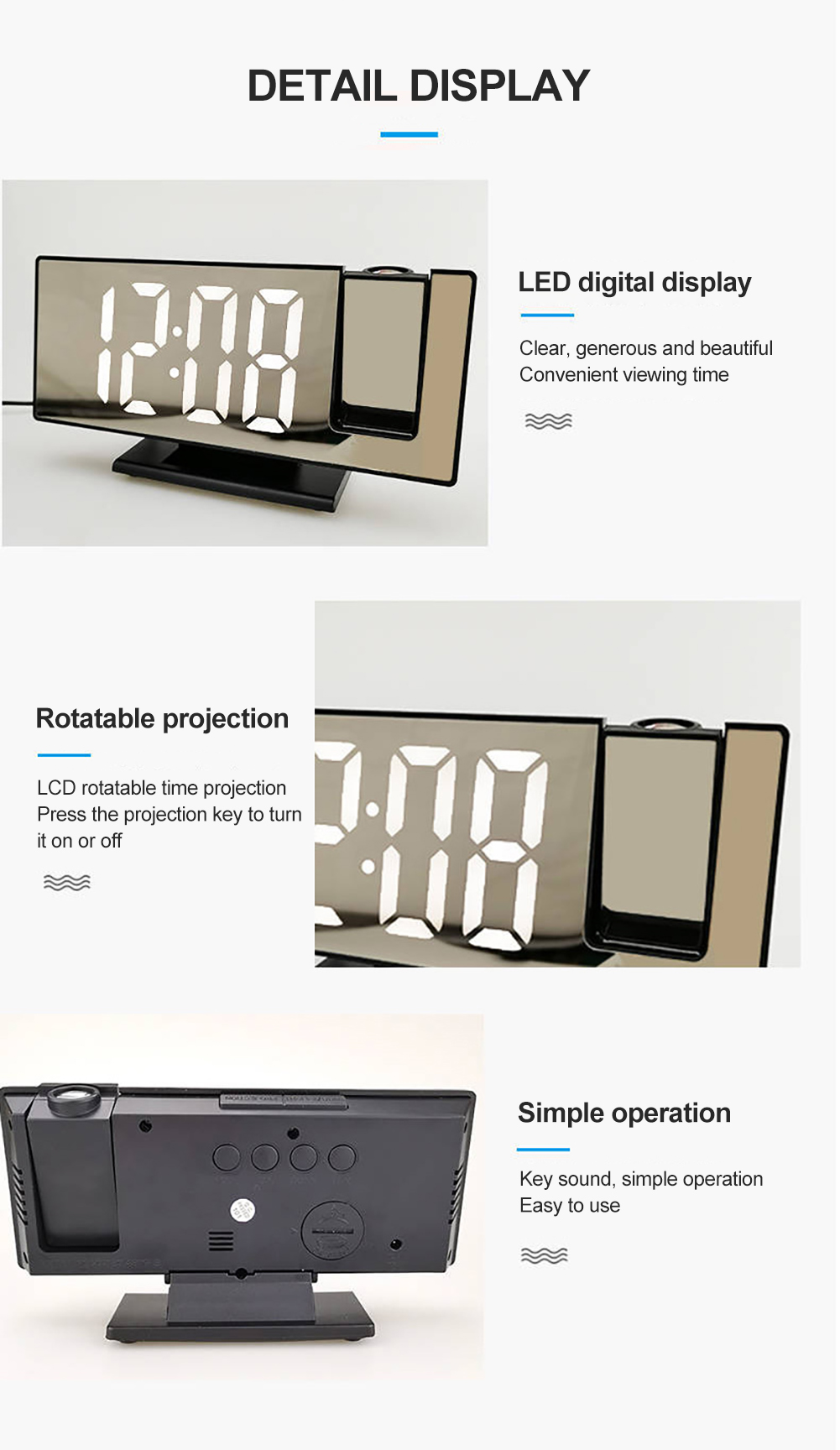 LED Mirror Digital Projection Alarm Clock Table Electronic Clocks Brightness Adjustment with nice material. 