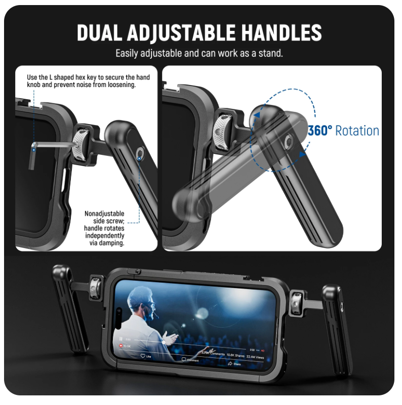 NEEWER Phone Cage with Dual Handles for iPhone 15 Pro/Pro Max Rig Aluminum Case Stabilizer for Video Recording Filmmaking. 