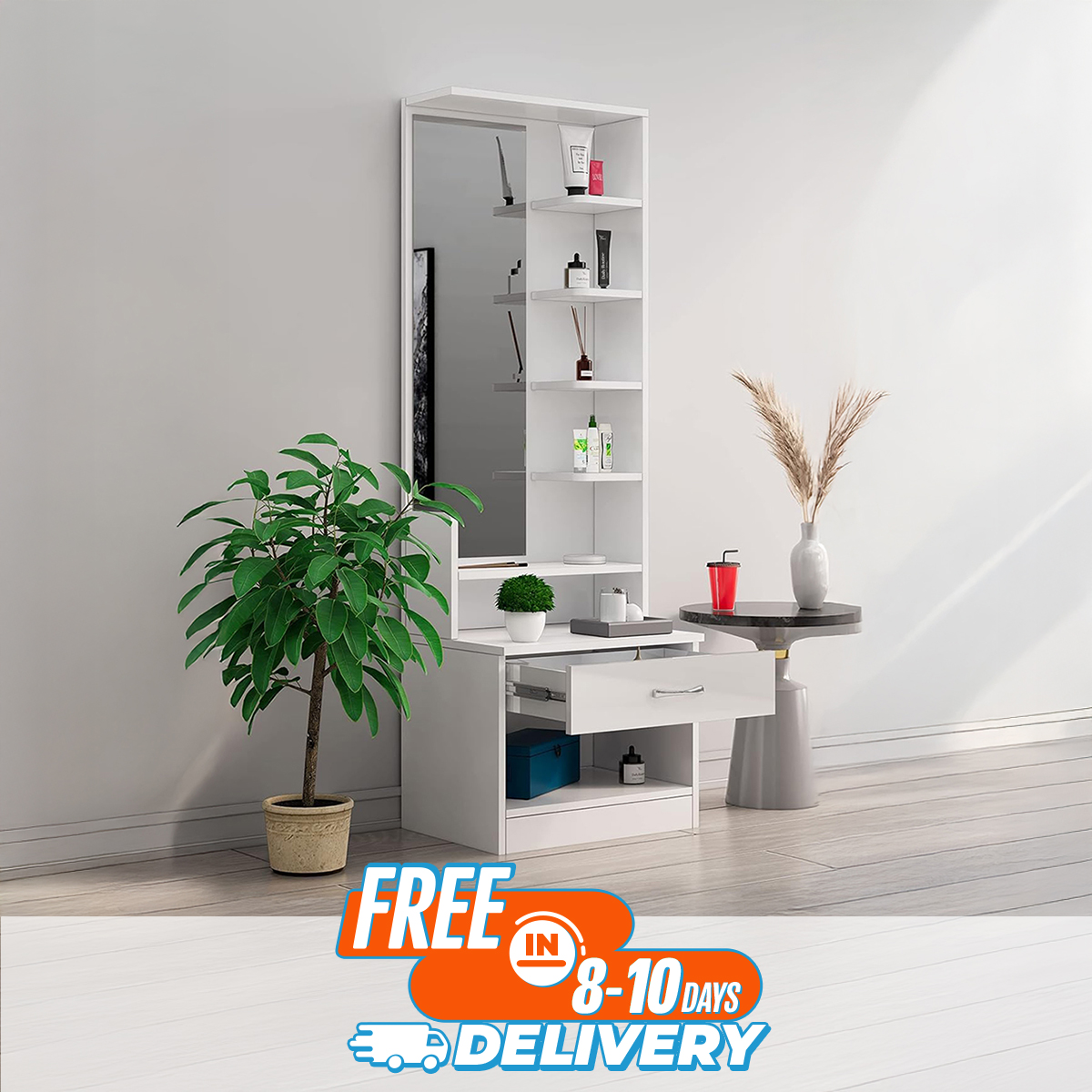 Bniture Dressing Table for Bedroom with 1 Drawer, Mirror and Huge Storage Space | Long Dresser Vanity Table with Mirror | 5 Year Warranty(Frosty White)72/24