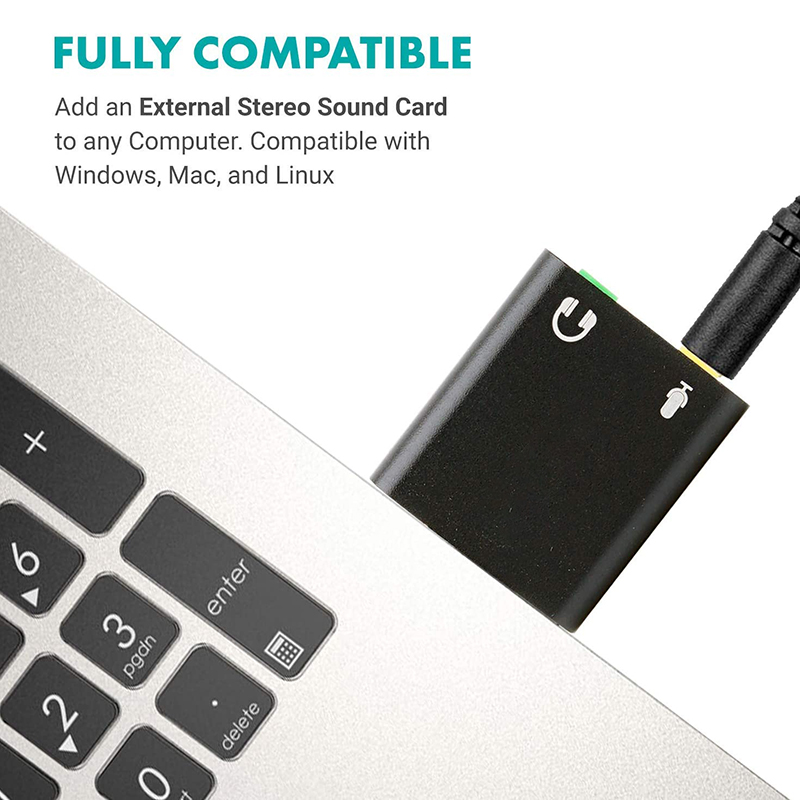 3.5mm TRS Microphone to USB 2.0 Stereo Audio External Sound Card Adapter for PC and USB Input to 3.5mm TRS Headphone. 