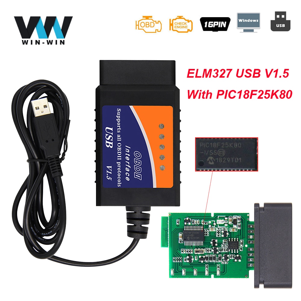 ELM327 V1.5 USB CH340 For PC Windows PIC18F25K80 ELM 327 V 1 5 USB Car Diagnostic OBD2 Auto Tool OBD 2 Scanner ODB2 Code Reader. 
