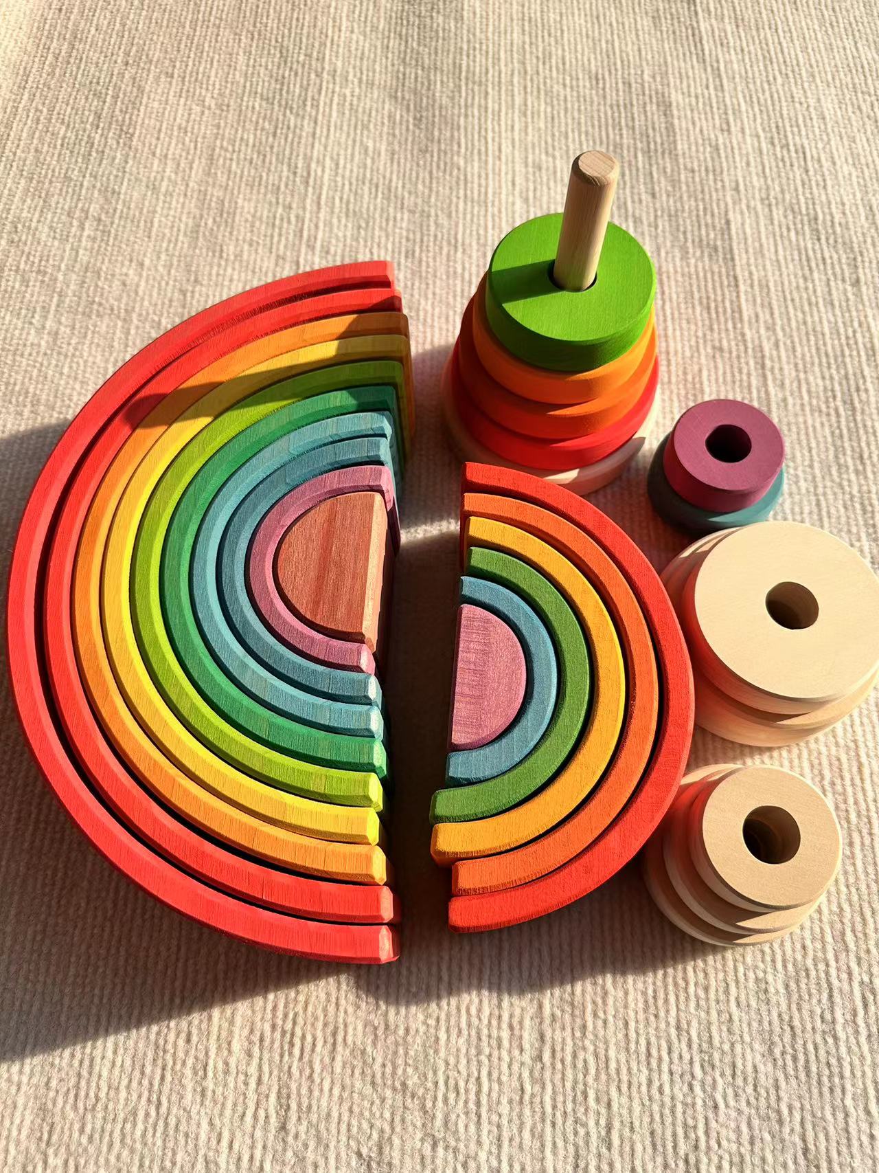 High Quality Wooden Toys Lime Wood Rainbow Arch Stacking Blocks Building Semi Color Sorting Peg Dolls Balls Slat for Kids Play Luhuai CVC. 