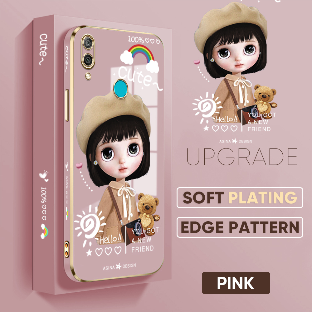 TA for Huawei Y7 2019 Y7 Prime 2019 Back Cover + Free Lanyard Satchel Girl Luxury 6D Plating Case Side Pattern Soft Silicone Square Phone Cases. 