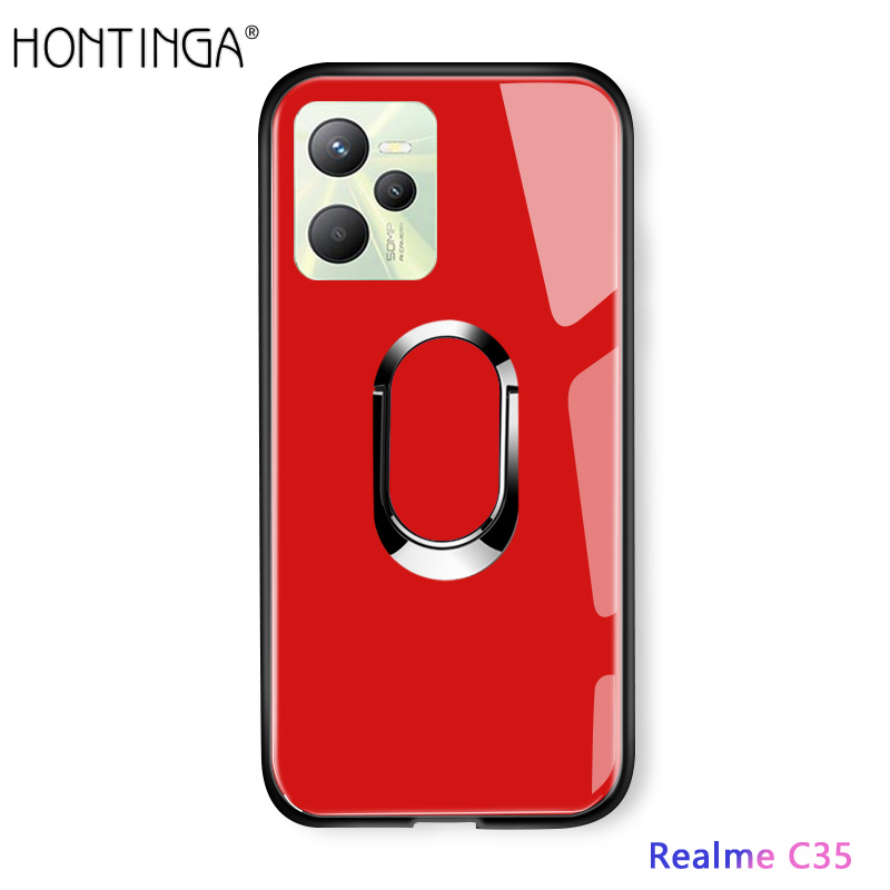 Hontinga for Realme C35 Back Cover With Solid 360 Roble Magnetic Ring Holder Stand Luxury Glass Phone Case