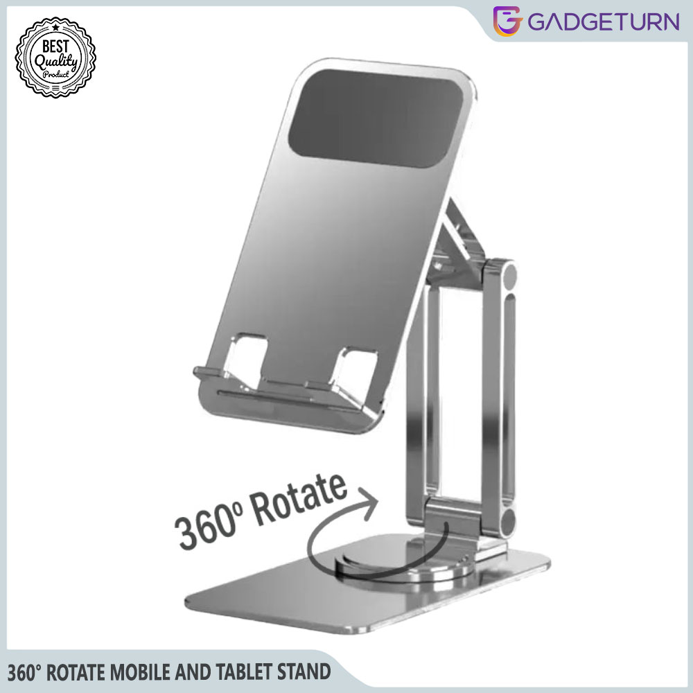 360 rotate Aluminum mobile and tablet stand: Adjustable, Compact, and Universally Compatible. 