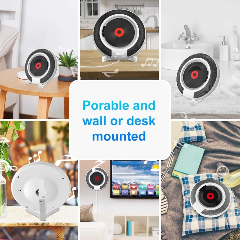 Portable Bluetooth-Compatible CD Player Wall Mount FM Radio Built-In Hifi Speaker With Remote Control Headphone Jack. 
