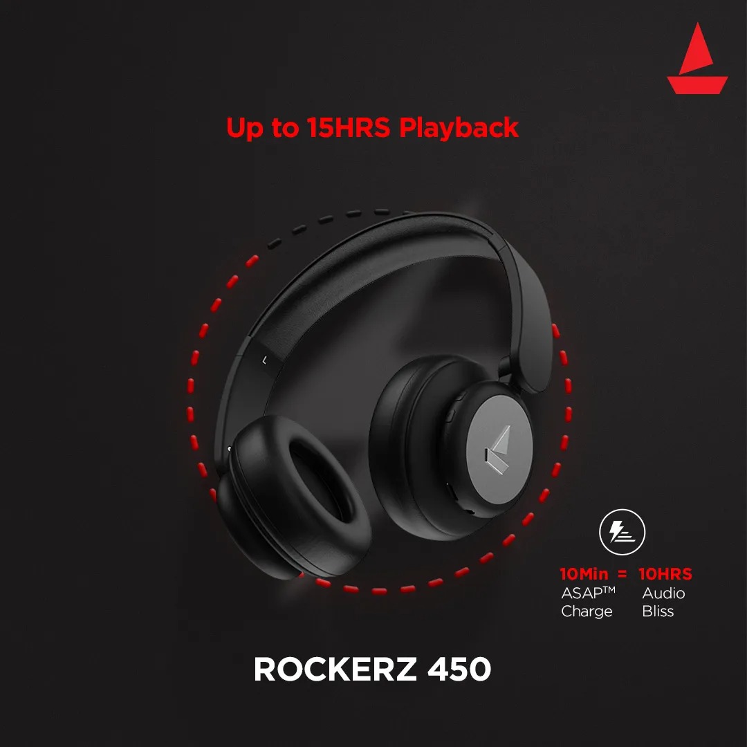 boAt Rockerz 450 Over Ear Bluetooth Headphones with Upto 15 Hours Playback, Adaptive Headband, 40mm Dynamic Driver, Integrated Controls and Dual Modes. 