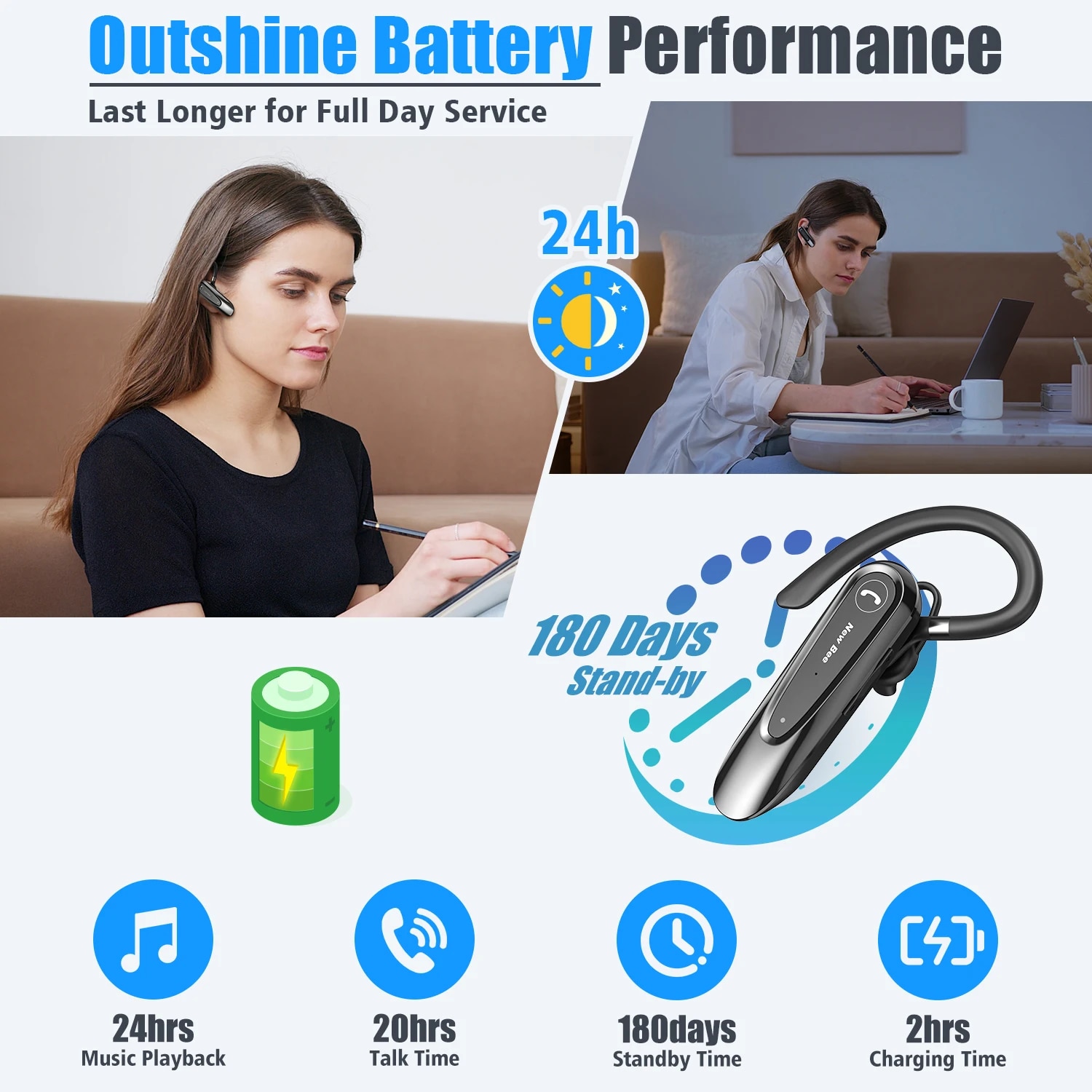 New Bee B45 Bluetooth 5.0 Headset Wireless Earphone Headphones with Dual Mic Earbuds Earpiece CVC8.0 Noise Reduction for Driving. 