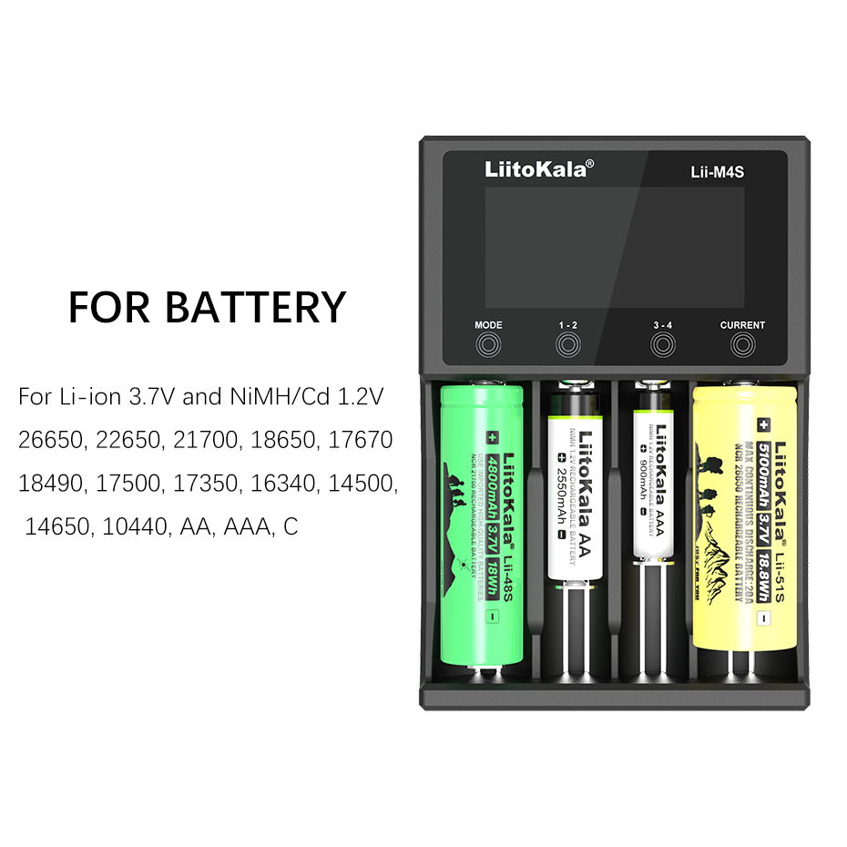 LiitoKala Lii-M4S LCD 18650 Charger 3.7V 18500 21700 26650 1.2V AA AAA NiMH Lithium-ion Battery Charger，USB Output，Touch Buttons. 