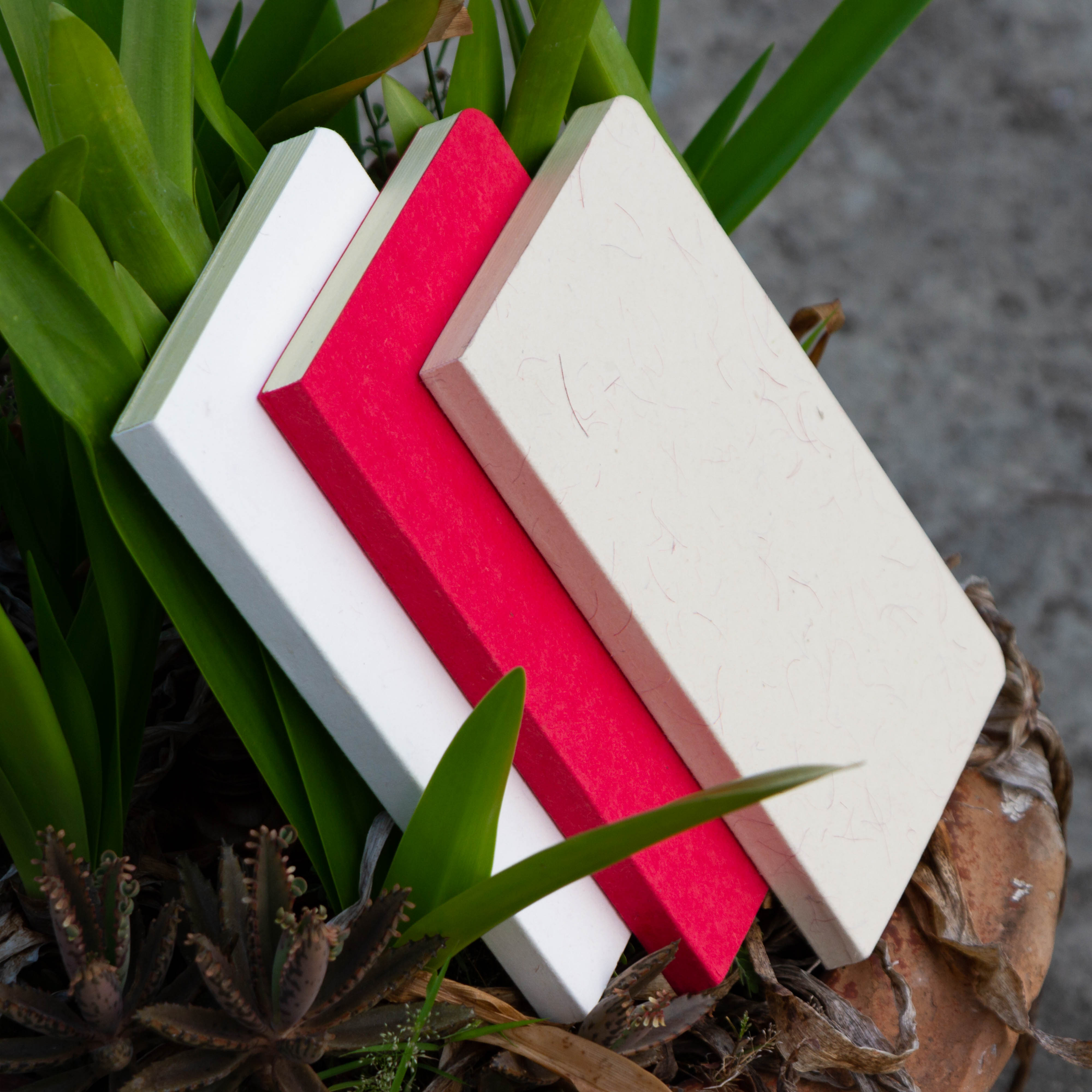 Tent Series Yellowish Page Hand Made Texture Grey, Red & Texture White Cover Notebook 3-Pack. 