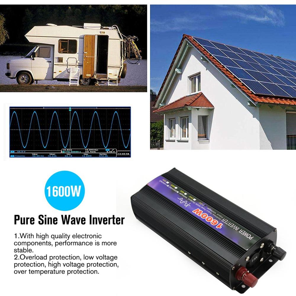 KOGEEK 1600W Pure Sine Wave Intelligent String Inverter Power Inverter Car Inverter Black 12V to 220V / 24V to 220V  / 48V to 220V / 60V to 220V - battery 12v. 