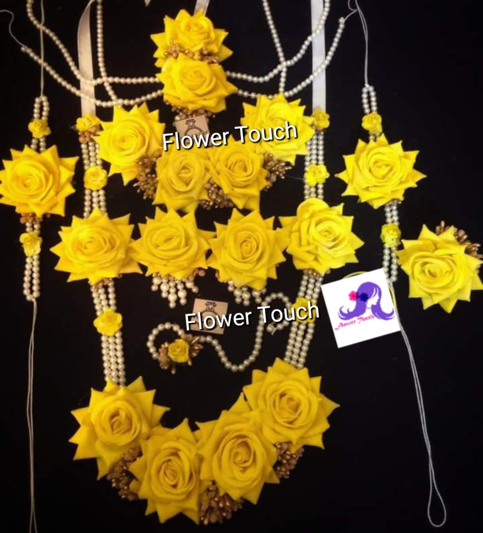 Artificial velvet flower yellow colour full bridal set for girls and womens
