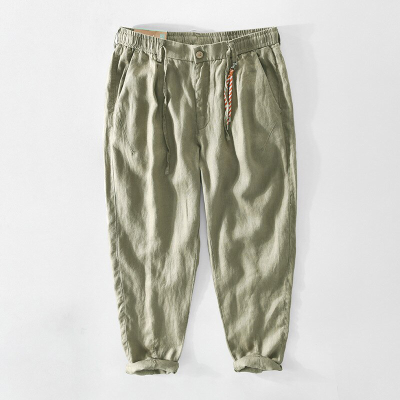 Spring Summer New Pure Linen Men Pants Thin Breathable  Made Casual Retro Khaki Green Trousers GA-Z356. 