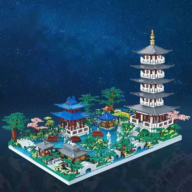 Chinese Architecture Micro Building Blocks Model Tower West Lake Trees DIY Diamond Bricks with Light Toys for Kids Adults Gift. 