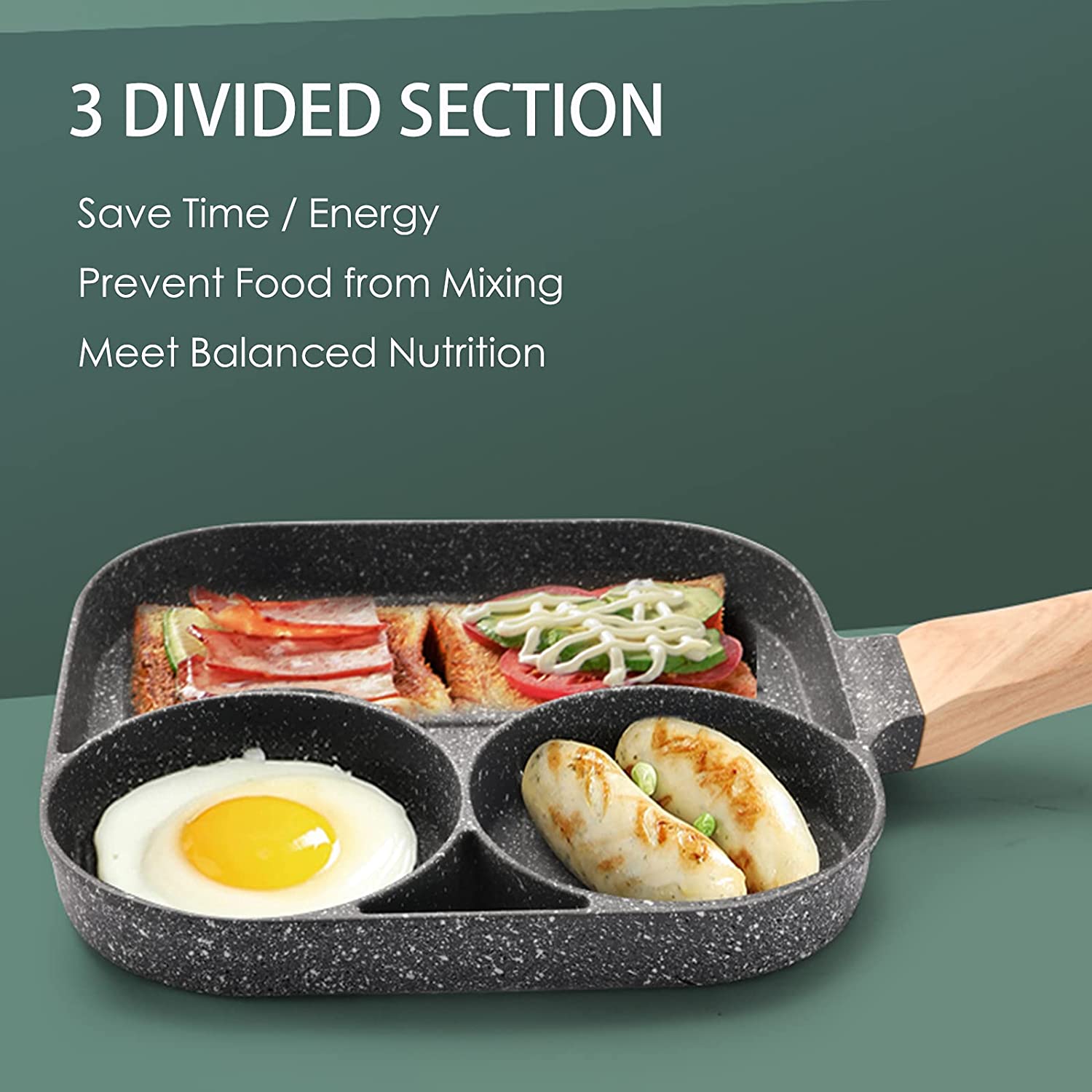 Breakfast Pan Nonstick All-In-One 3 Section Frying Pan Divided Frying Grill Pan for Egg Bacon and Burgers Suitable for Gas Stove & Induction cooker(three section). 