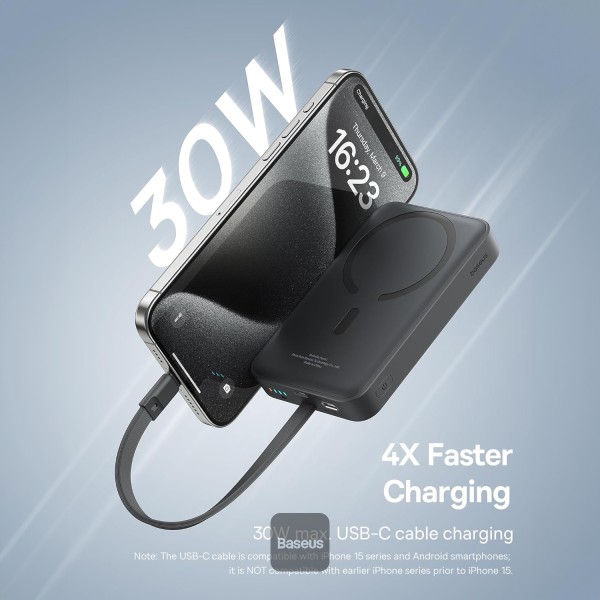 Baseus 10000mAh Magnetic Mini Wireless Fast Charge Power Bank 30W With Built-In Type-C Cable. 