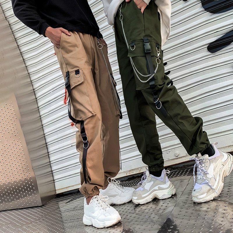 Women Men Cargo Pants Chain Pockets 