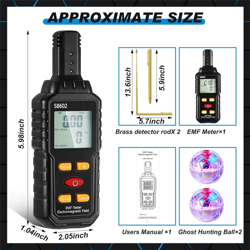 Ghosthunting Equipment Kit 1 EMF Radiation Detector 2 LED Cat Balls 2 Copper Track Poles Cat Balls Ghosthunting Ghost Equipment 5PCS. 