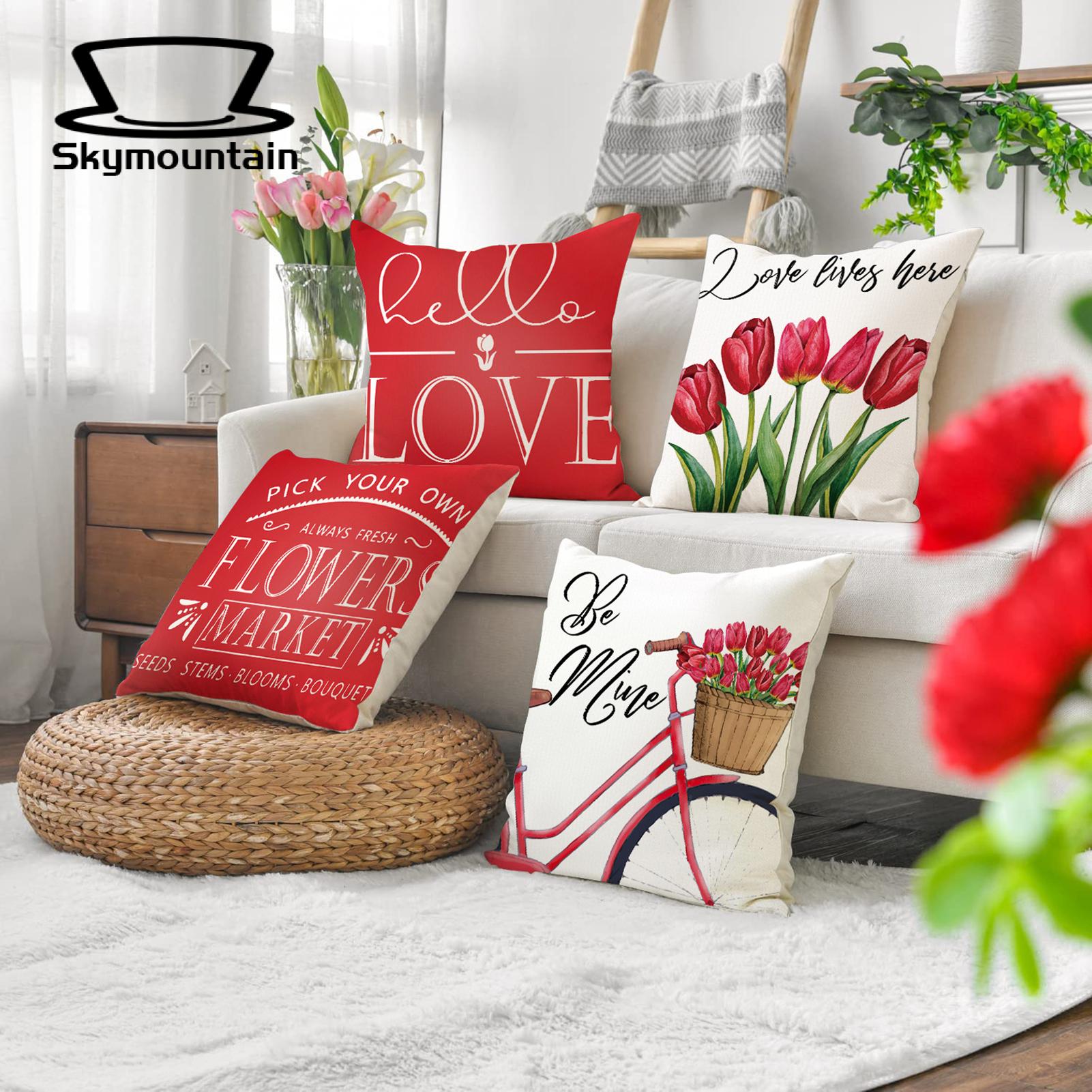 Linen Pillowcase with Hidden Zipper Valentine's Day Pillowcase Red Pink Tulips Flower Pattern Sofa Cushion Cover Home Decoration for Valentine's Day Mother's Day. 