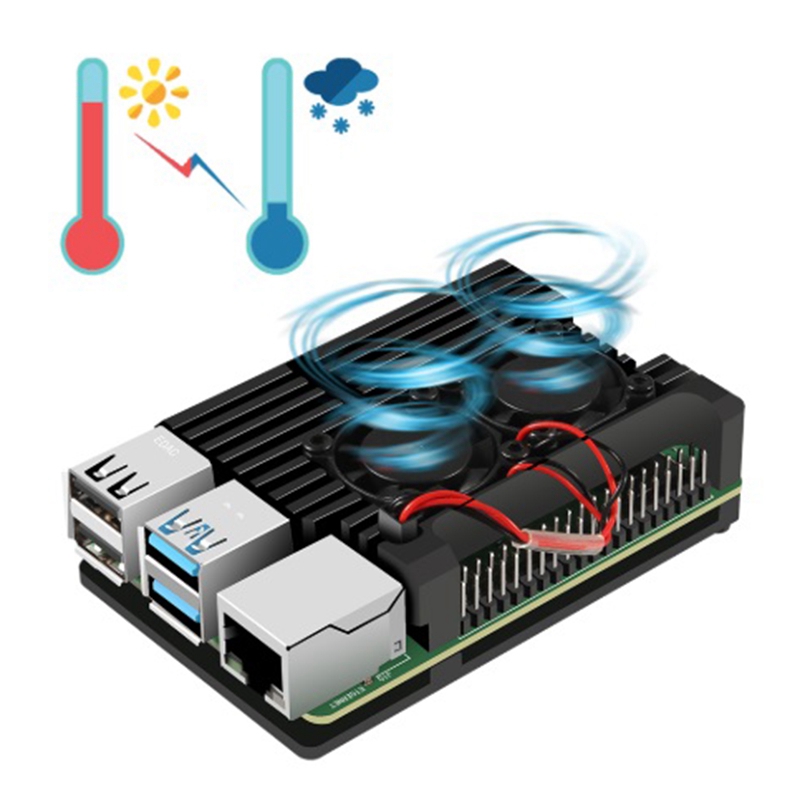 for Raspberry Pi 4 Aluminum Case with Dual Cooling Fan Metal Shell Black Enclosure for Raspberry Pi 4 Model B. 
