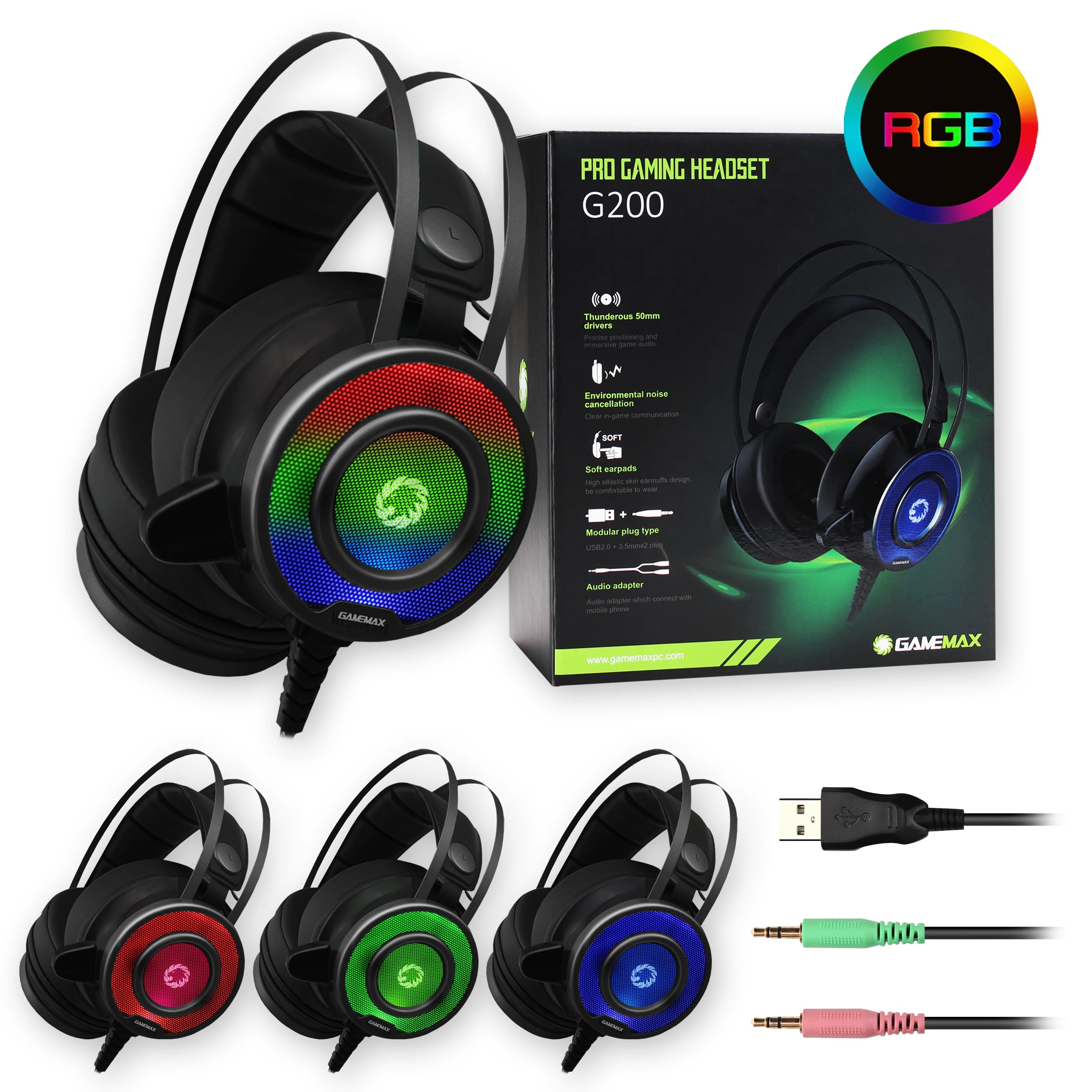 Gamemax G200 RGB Gaming Headset With Built-In Microphone. 