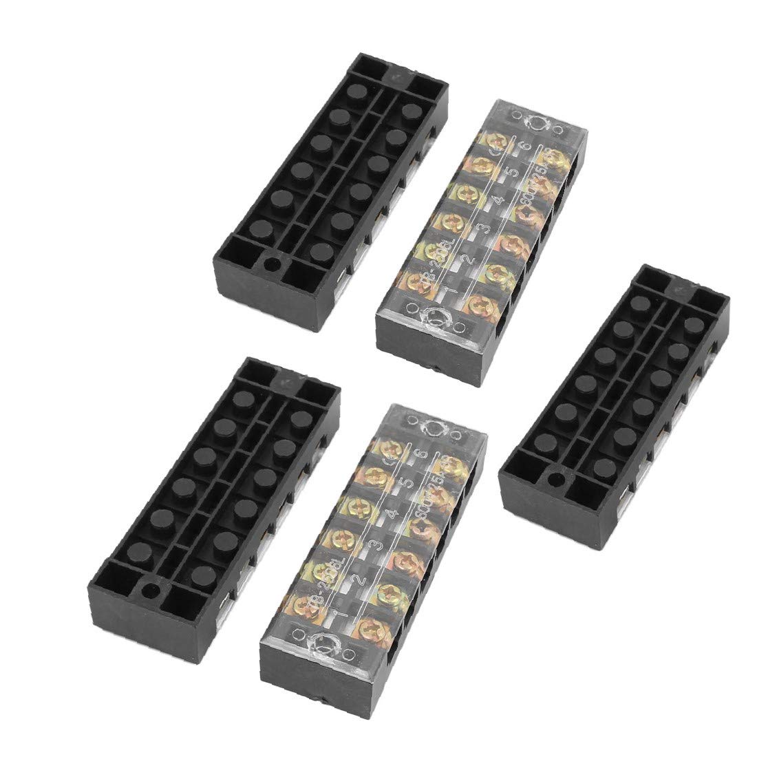 Terminal Block With Cover Connector TB-2506 600V 25A 6-Pole Double Row Screw Fixed Barrier Wire Crimp 6 Position Panel Mount. 