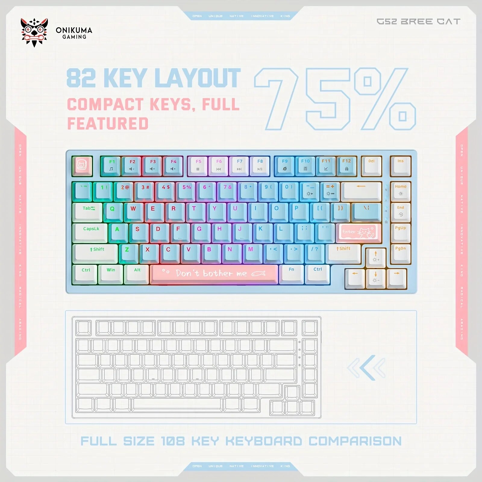 Onikuma G52 Portable Fashion Wired Gaming Keyboard with LED Backlit Matte Key Caps 82 Keys for PC Laptop Mechanical Keyboards. 