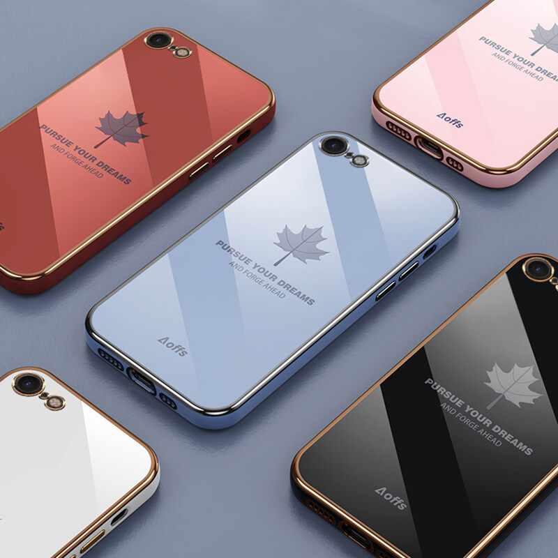 For iPhone 8 / iPhone 7 Back Cover + Wrist Strap Fashion Shiny Maple leaf Plating Square Bumper Phone Case Soft TPU Silicone Shockproof Protective Cover. 