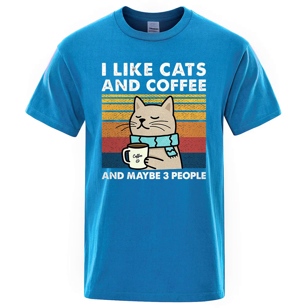 I Like Cats And Coffee Printed Manga Man T Shirt Breathable