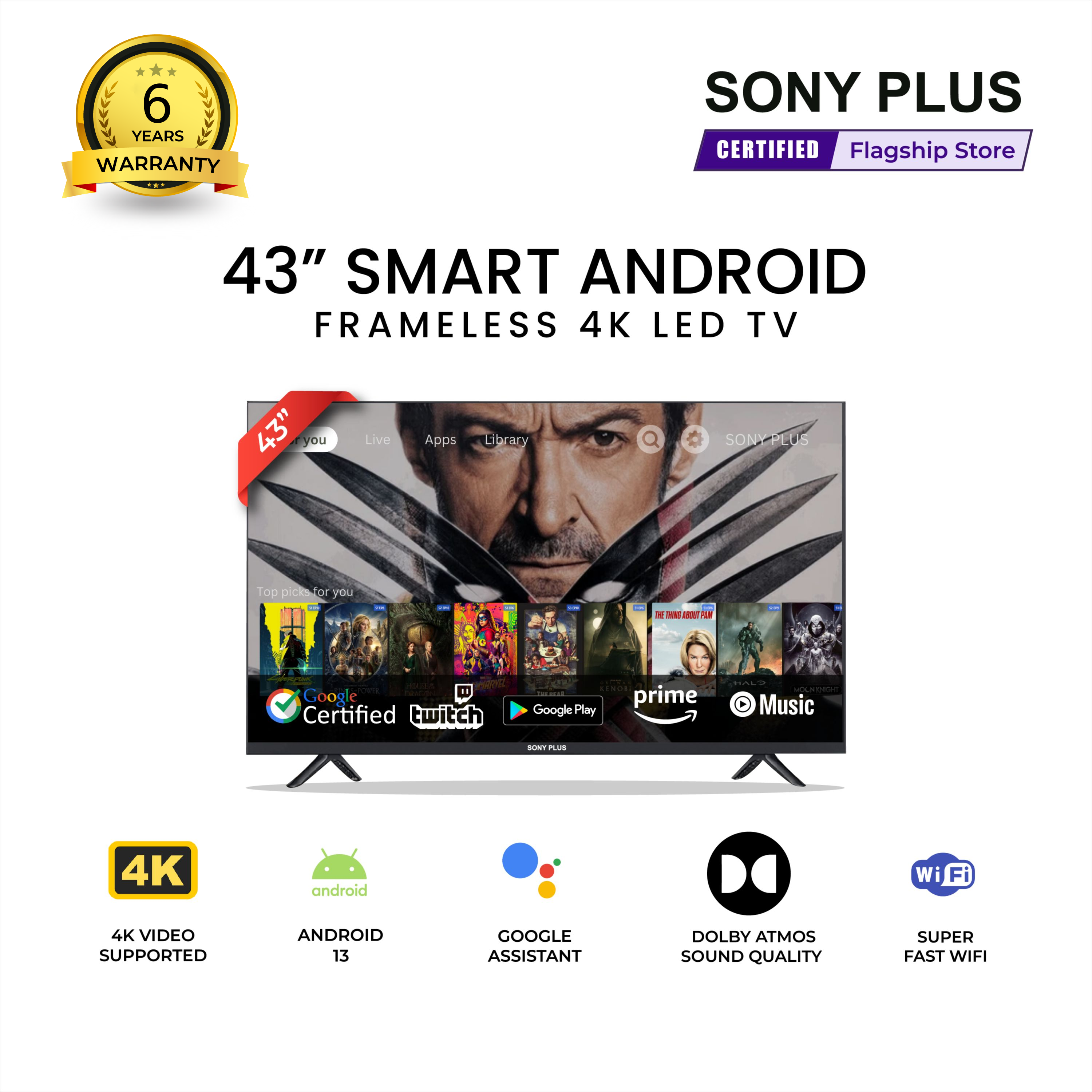 Sony Plus 43 inch Frameless Smart LED TV Wi-Fi Full HD 4K Supported Android Television