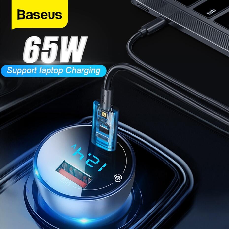 Baseus 65W PD Car Charger QC 4.0 QC 3.0 LED Display Type-C Fast Charger Quick Charger For all Phone USB Phone Charger In Car. 