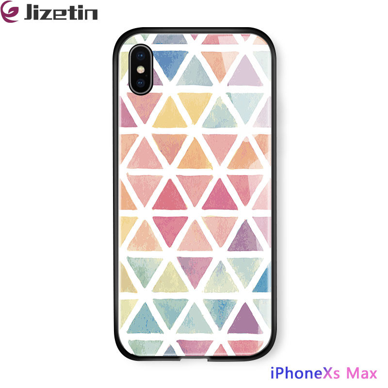 Jizetin for iPhone XS MAX Glass Back Cover Decorative Pattern Glossy Tempered Glass Shockproof Soft Edge Phone Cases