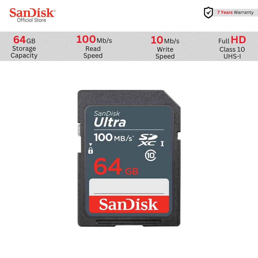Sandisk 64GB Ultra SDHC Class-10 Memory Card (100MB/s R, 10MB/s W) # SDSDUNR-064G-GN3IN. 