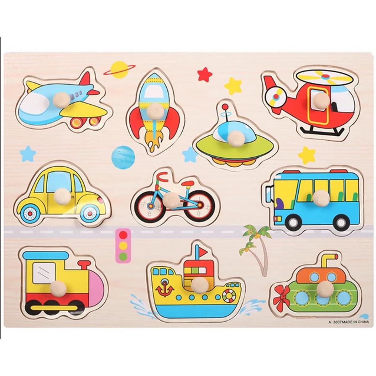 Children Montessori Educational Wooden Jigsaw Puzzle Toy Hand Grab Board Set- Transport