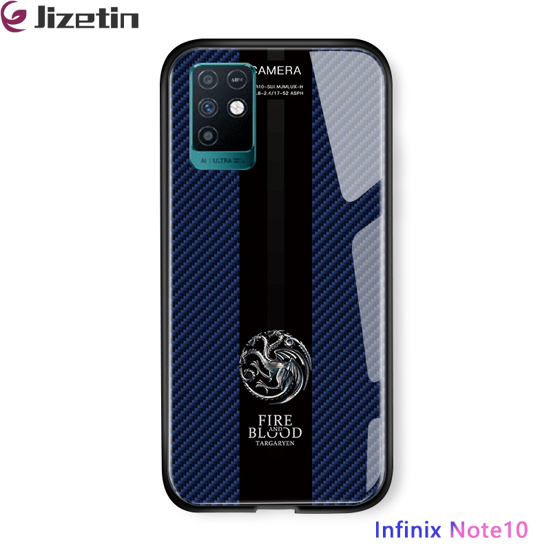 Jizetin for Infinix Note 10 Glass Back Cover Dargon Logo For Boys Glossy Tempered Glass Shockproof Soft Edge Phone Cases