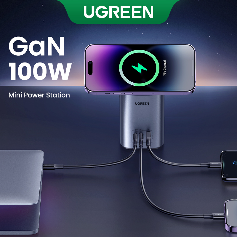 UGREEN Nexode 100W USB C Charger with MagSafe 15W Wireless Charger Stand, 4in1 GaN Desktop Charging Station for MacBook Pro/Air M2, iPhone 14 Pro Max/13, iPad, Dell XPS, Galaxy S23