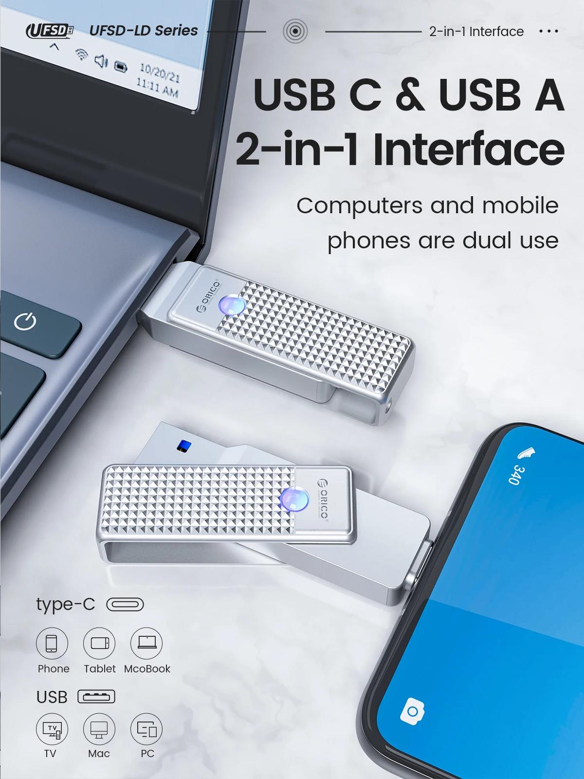 ORICO 2 in 1 OTG USB 3.2 Usb-C Flash Pen Drive Memory Stick Usb3.2 Flash Disk 64GB/128GB/256GB Type C Pendrive. 