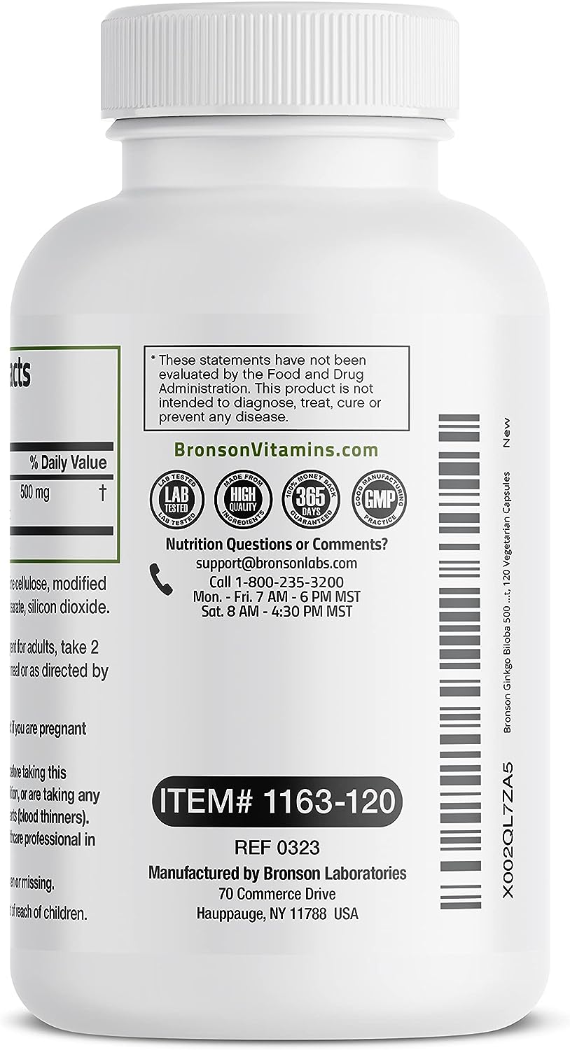 Bronson Ginkgo Biloba 500mg Extra Strength Supports Brain Function & Memory Support, 120 Vegetarian Capsules. 