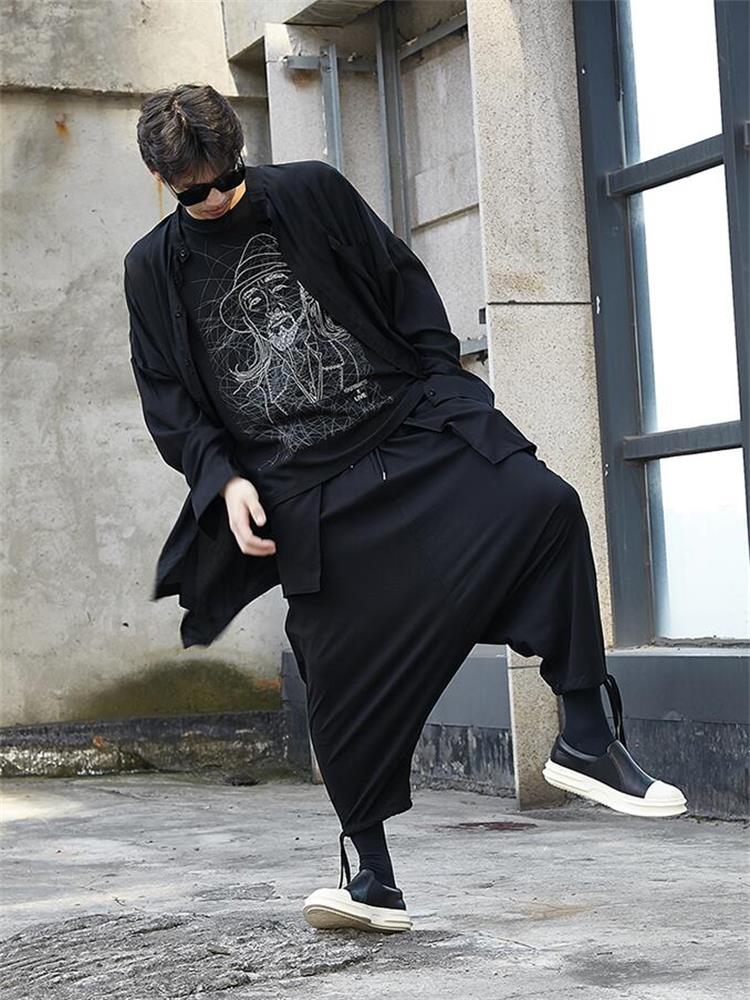 Men Drop Crotch Pants Autumn New Yamamoto Leg Pull Rope Design Loose Leisure Large Size Men Nine Minutes Pants. 