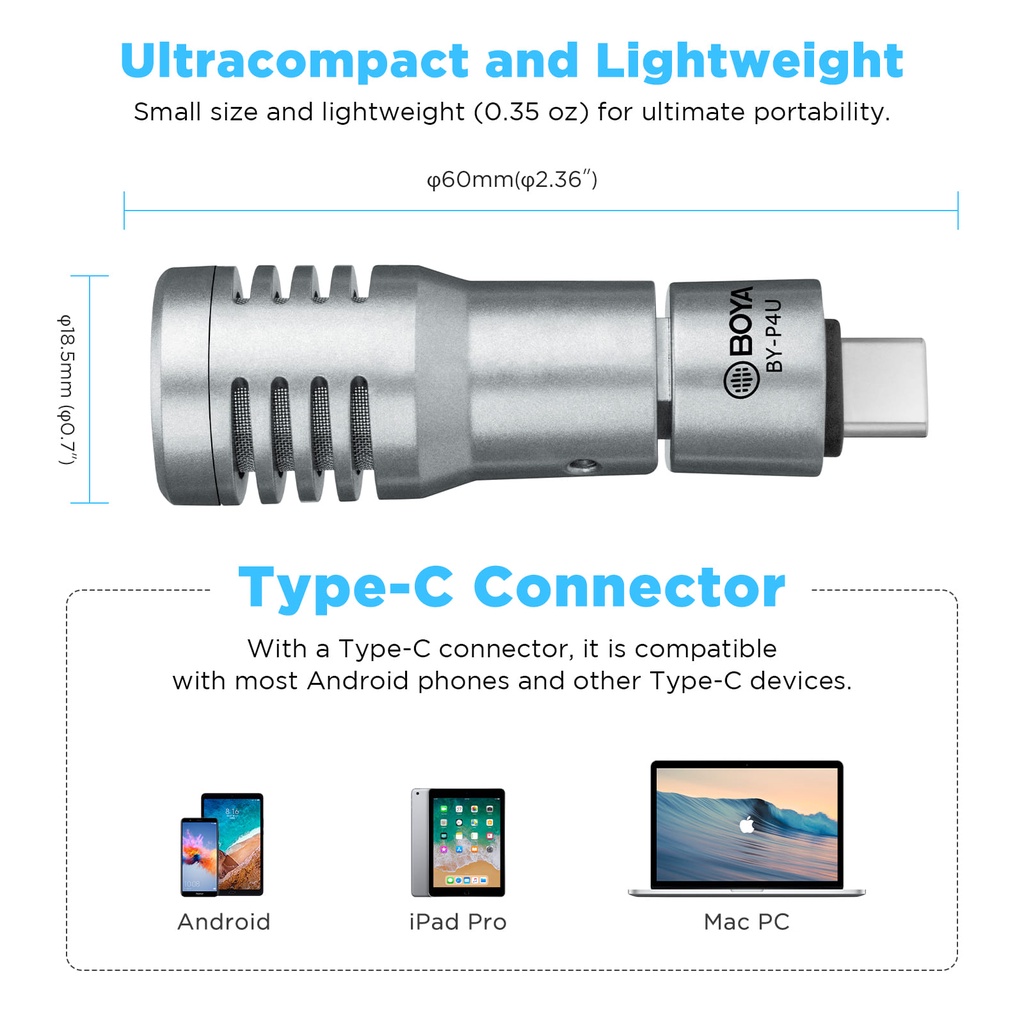 BOYA BY-P4U Omnidirectional Condenser Plug and Play Microphone Type-C Mini Mic for Android Smartphone Tablets Vlog Broadcast. 