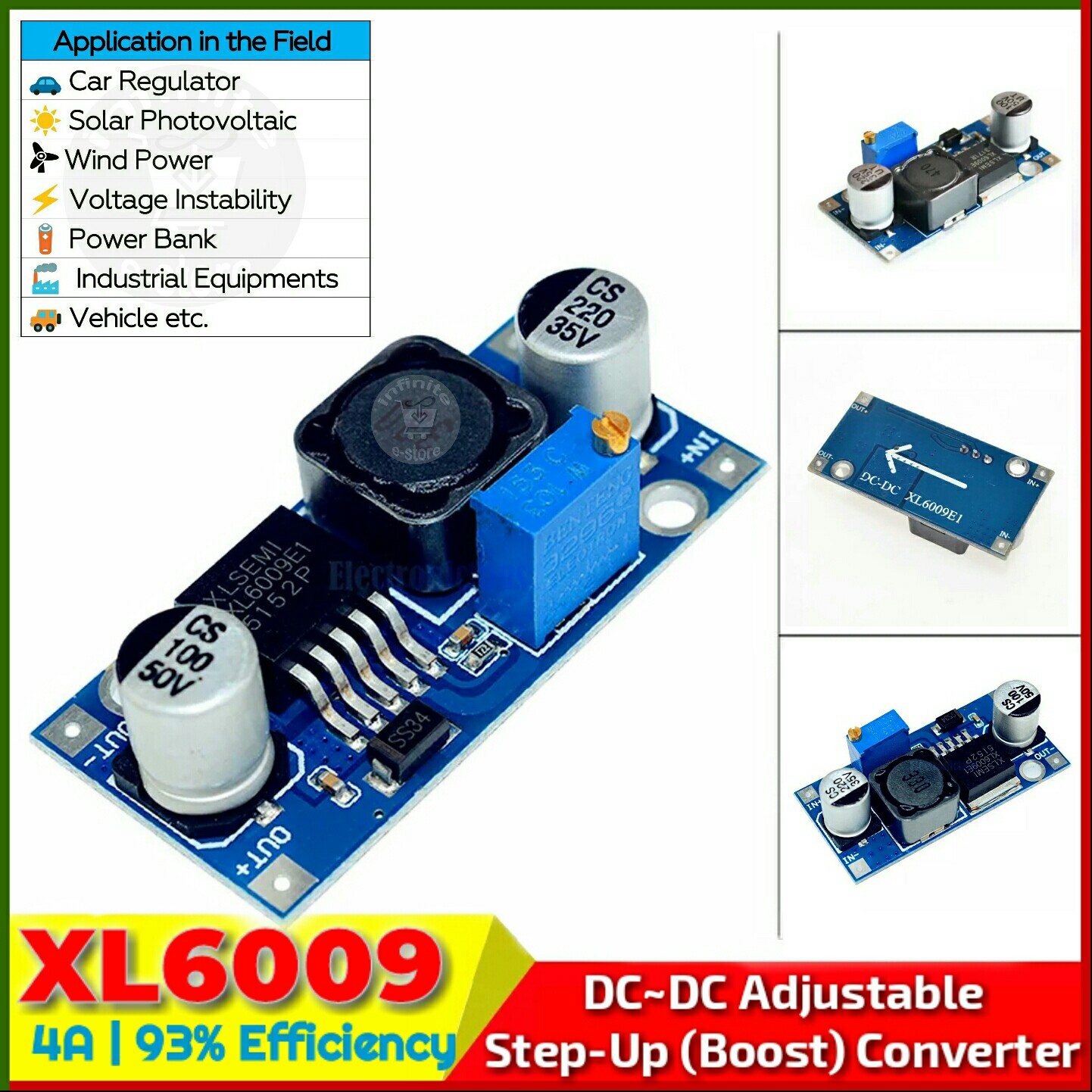 XL6009 Adjustable Step Up Converter Boost Converter for making Mini USP backup Onu Router from 5V to 12V 4A max Replace XL4015 LM2596. 