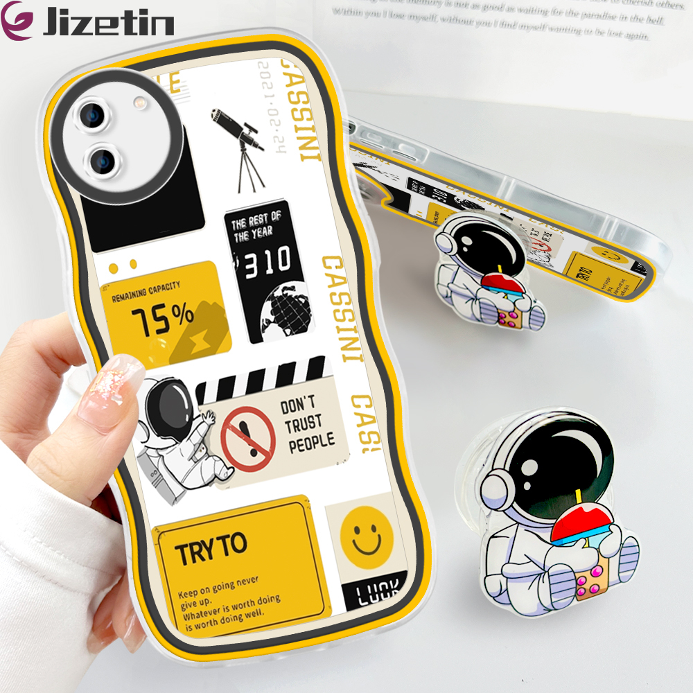Jizetin for Realme C11 2020 Back Cover + Free Pop Socket Pick Stars Astronaut Soft Wavy Shape TPU Phone Case For Girls Boys