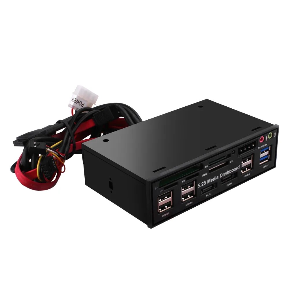 DeepFox Multifuntion 5.25 Media Dashboard Card Reader USB 2.0 USB 3.0 20 Pin e-SATA SATA Front Panel for Optical Drives Bay. 