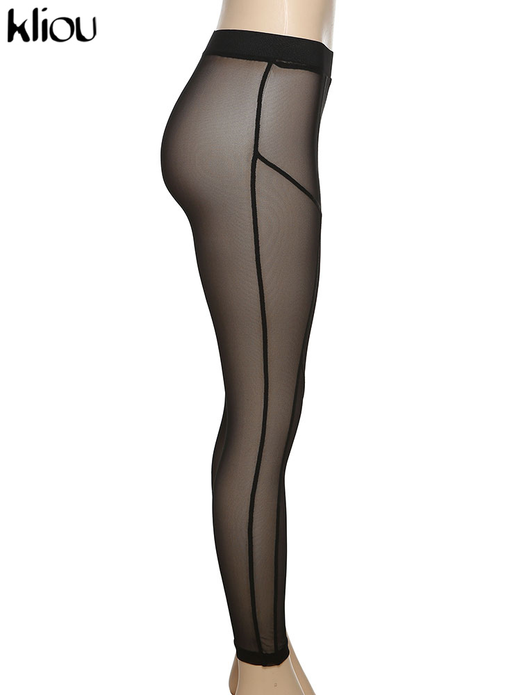 Kliou Mesh See Through Pants Women 2021 Hot Sexy High Waist Patchwork Sheer  Leggings Body-shaping Baddie Style Skinny Trousers