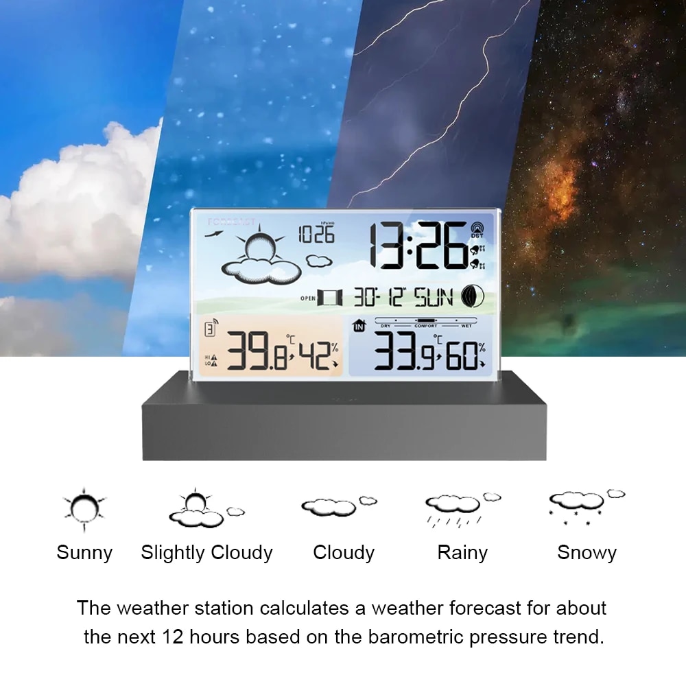 Transparent glass weather clock wireless Multifunctional weather forecast Electronic alarm clock black Outdoor sensors backlight. 