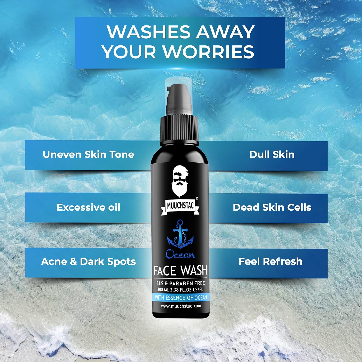 Muuchstac Ocean Face Wash for Men | Fight Acne & Pimples, Brighten Skin, Clears Dirt, Oil Control, Refreshing Feel - Multi-Action Formula  - 100 ml. 