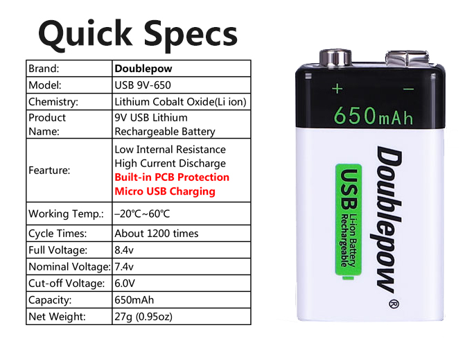 USB 9 Volt 650mAh USB 9v Rechargeable Lithium Battery for Multimeter Smoke detectors and other uses. 