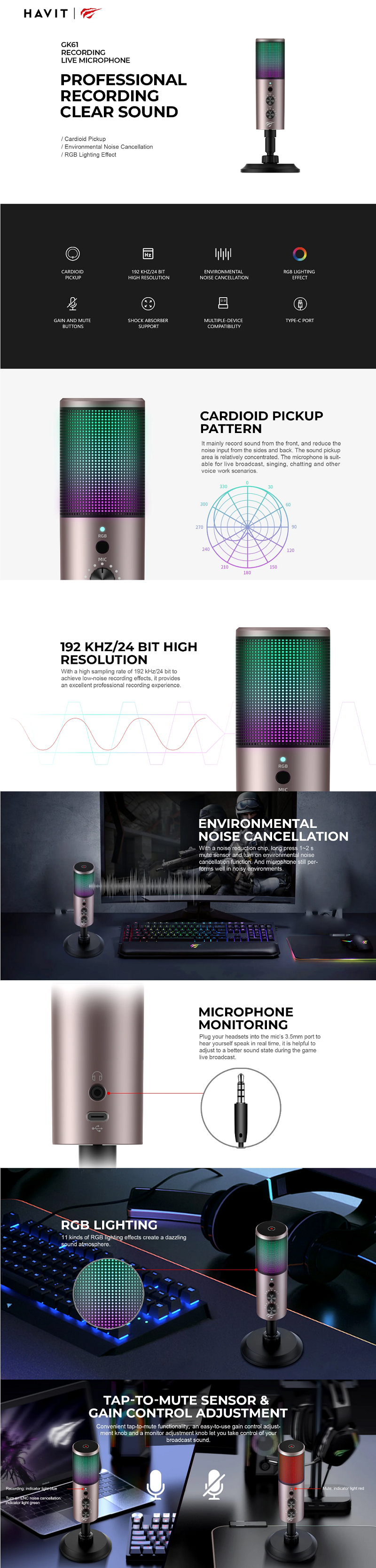 Havit GK61 RGB Recording Live Microphone description image